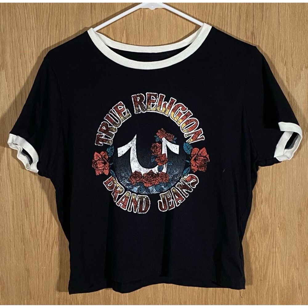 True Religion Womens XL Crop Top Roses Logo Spellout Grunge Festival Y2K Stretch